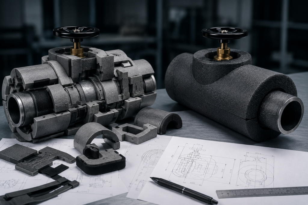 Technischer Arbeitsbereich mit zwei Industrieventilmodellen, verschiedenen demontierten Teilen, technischen Zeichnungen und einem Stift auf einem Metalltisch in einer Werkstattumgebung.