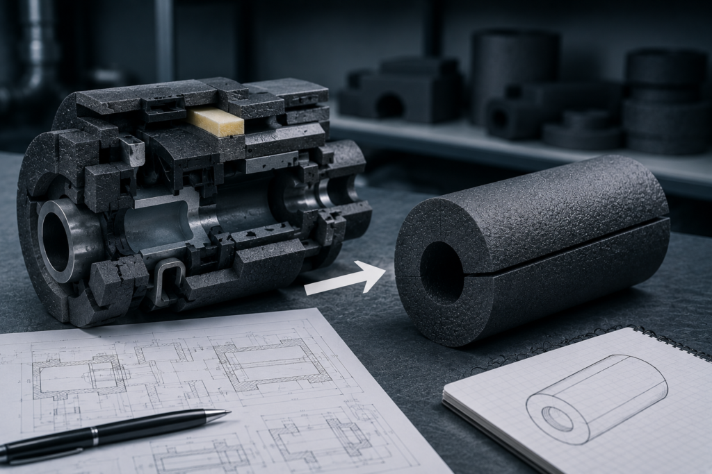 Ein Schnittmodell eines zylindrischen Industrieteils wird neben einer intakten Isolierhülle gezeigt. Ein Pfeil verbindet die Hülse mit dem Modell. Auf dem Tisch im Vordergrund befinden sich technische Zeichnungen und ein Stift.