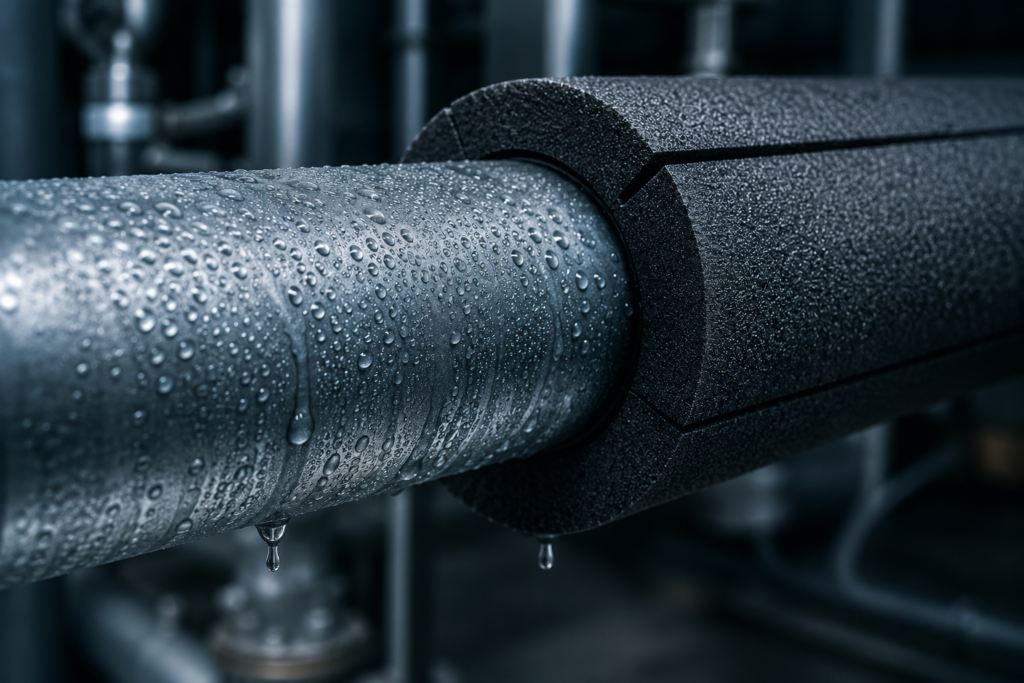 Nahaufnahme eines mit Wassertropfen bedeckten Metallrohrs, das teilweise mit einer schwarzen Schaumstoffisolierung versehen ist, in einer industriellen Umgebung, mit unscharfen Rohren im Hintergrund.