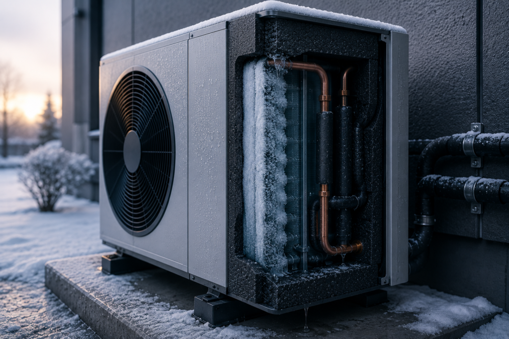 Eine mit Frost und Eis bedeckte Wärmepumpen-Außeneinheit steht auf einer Betonplatte neben einem Gebäude in einer verschneiten Winterlandschaft, wobei freiliegende Rohrschlangen und Kupferrohre sichtbar sind.