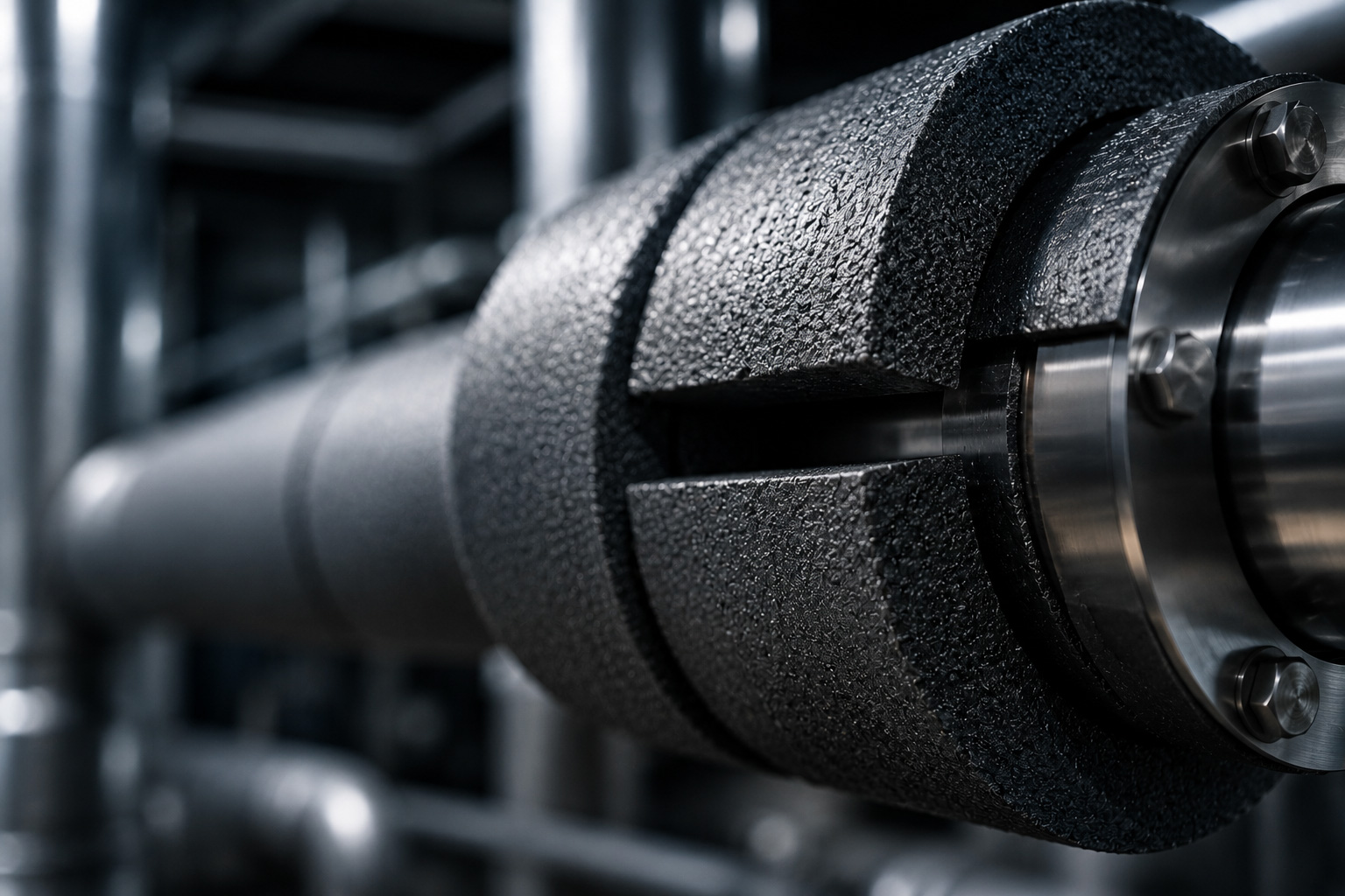 Nahaufnahme eines isolierten Metallrohrs, das mit einer strukturierten schwarzen Schaumstoffhülle bedeckt ist, die üblicherweise für die Wärmedämmung in industriellen oder mechanischen Umgebungen verwendet wird. Im Hintergrund sind weitere Rohre und eine metallische Umgebung zu sehen.